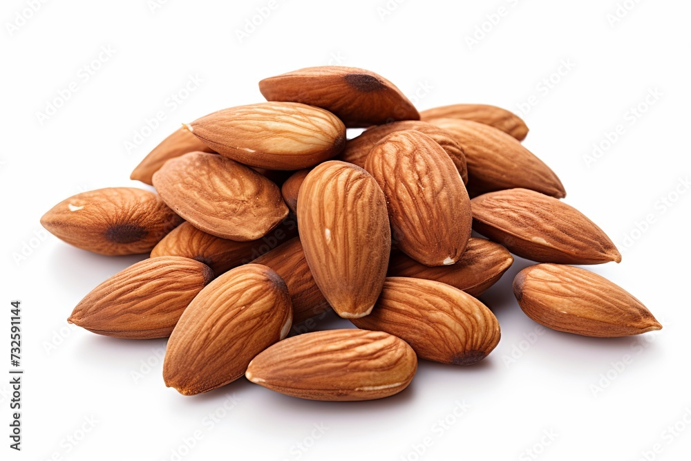 A mound of almonds set against a pristine white backdrop. A mound of almonds set against a pristine white backdrop.