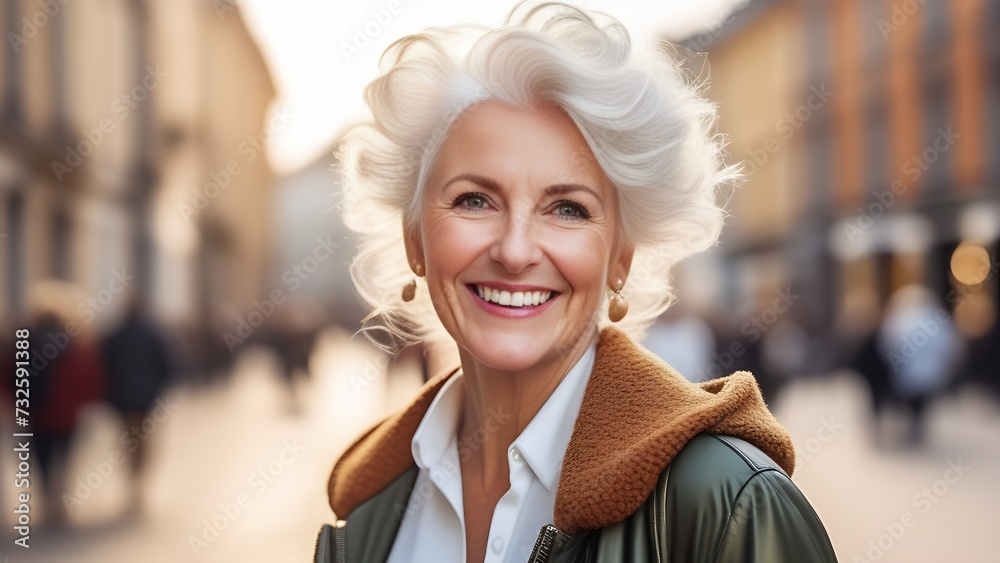 Close up portrait of a happy senior woman with gray hair, looking at camera and smiling, blurred urban background, copy space