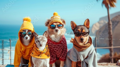 Group of dogs in hats and scarves on the background of the sea © Олег Фадеев