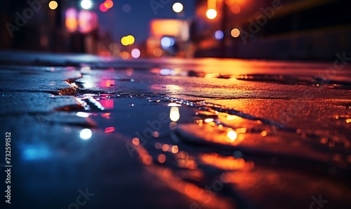 Blurred background wet asphalt Neon reflections