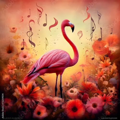 Pink flamingo in vintage style wallpaper background