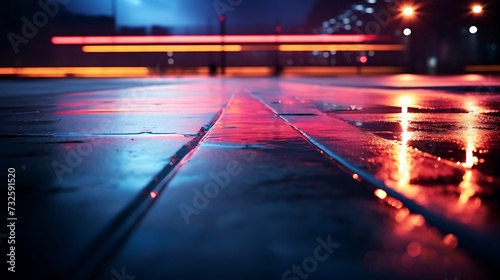 Blurred background wet asphalt Neon reflections