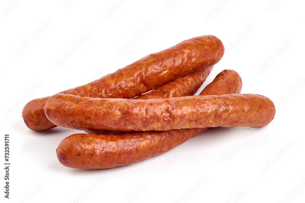 Long thin smoked sausages, isolated on white background. Long thin smoked sausages, isolated on white background.