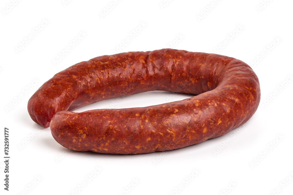 Smoked pork sausage ring, isolated on white background. High resolution image. Smoked pork sausage ring, isolated on white background. High resolution image.
