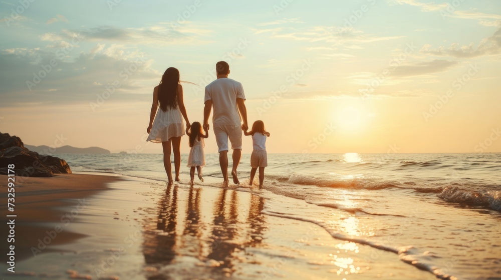 a summer portrait of a family in holiday at beach with beautiful seascape. Family holding hands on the beach, looking at the sea. Family holidays summer time, vacation family friendly. 