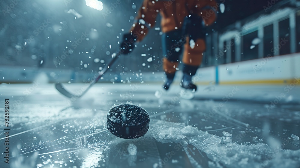 A close-up of the hockey puck with a blurred player in the background ready to get involved in the action. Close-up of the vibrant energy of the hockey match conveyed in the competitiveness of the spo - obrazy, fototapety, plakaty 