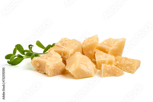 Parmesan cheese chunks, hard cheese, isolated on white background.