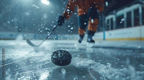 A close-up of the hockey puck with a blurred player in the background ready to get involved in the action. Close-up of the vibrant energy of the hockey match conveyed in the competitiveness of the spo photo