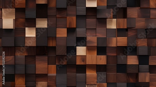 An abstract image of a wooden mosaic wall consisting of an array of colored cubes. Seamless backdrop. Generative AI