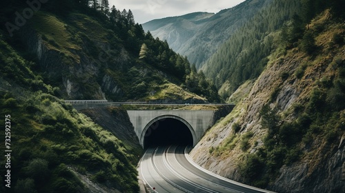 A bird's eye view of a car tunnel in the mountains. Beautiful wallpapers for tourism and advertising. Generative AI © kovalovds