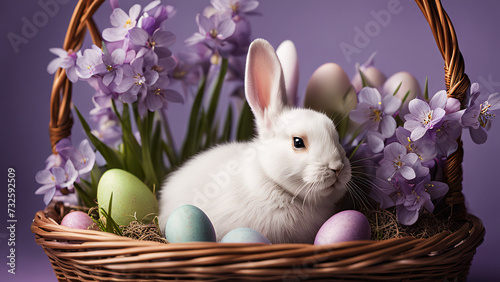 A cheerful white rabbit sits in a wicker basket next to colorful festive Easter eggs decorated with spring primroses, a scene on a purple background © Alena