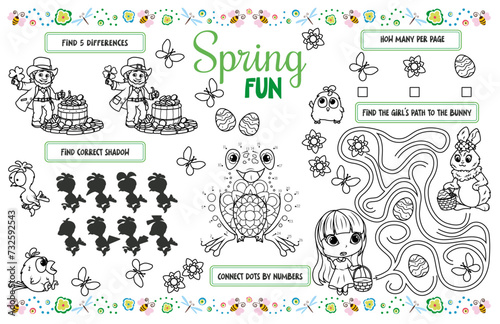 Festive placemat for children. Printable activity sheet "Spring fun" with a labyrinth, connect the dots, and find the same. 17x11 inch printable vector file