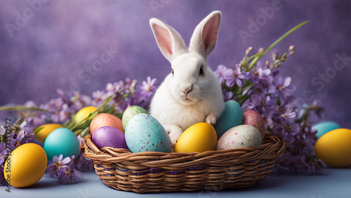 A cheerful white rabbit sits in a wicker basket next to colorful festive Easter eggs decorated with spring primroses, a scene on a purple background