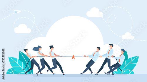 Tug of war men vs women. Businesswomen in tug of war with a group of businessmen. Men vs women superiority concept. Business competition, gender equality and equal rights. Trendy flat illustration.