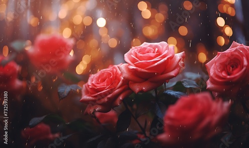 Beautiful pink roses with bokeh effect on dark blue background