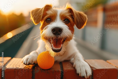 Jack Russell Terrier with Orange Ball. A Jack Russell Terrier sitting attentively with an orange ball, showcasing a sharp and curious expression.