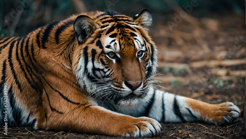 A close-up of a tiger resting on the ground with its front paws on the earth  gazing at the camera.