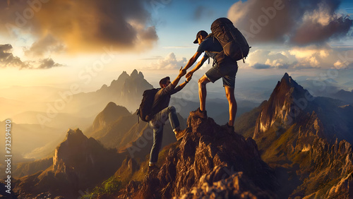 A young man is climbing a mountain to reach the top of the mountain