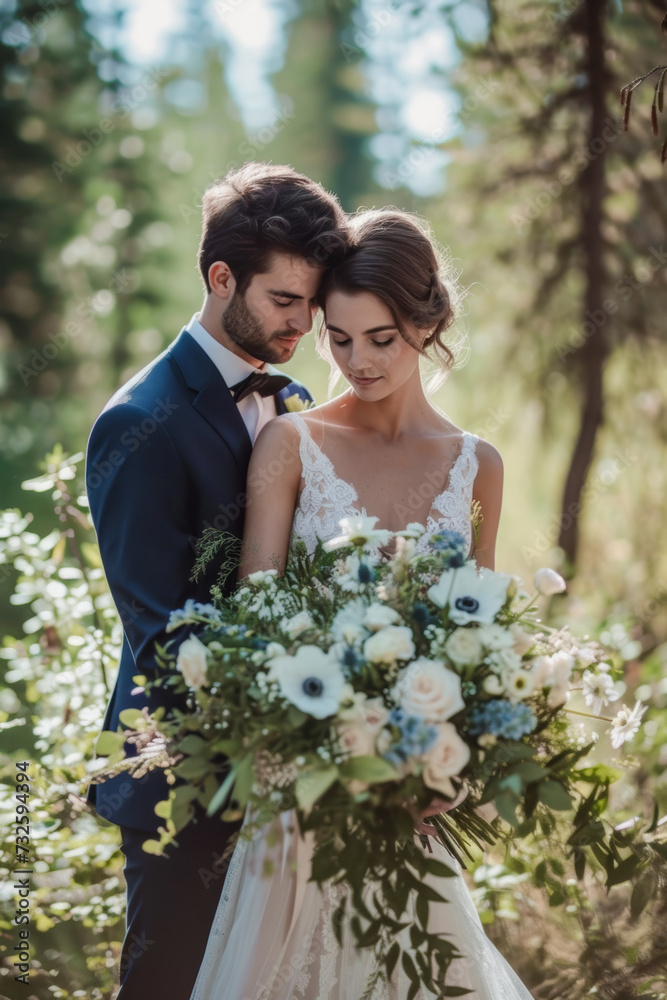 Portrait of a serene image of a bride and groom in a lovley darkgreen forest Wallpaper Digital Art Magazine Background Poster Card Portrait of a serene image of a bride and groom in a lovley darkgreen forest Wallpaper Digital Art Magazine Background Poster Card