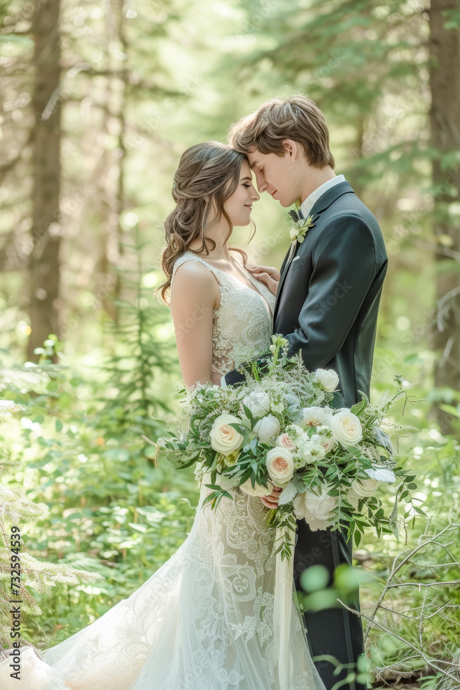 Portrait of a serene image of a bride and groom in a lovley darkgreen forest Wallpaper Digital Art Magazine Background Poster Card Portrait of a serene image of a bride and groom in a lovley darkgreen forest Wallpaper Digital Art Magazine Background Poster Card