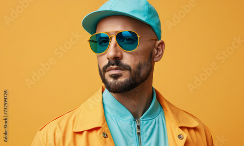 Portrait of stylish man in cap and sunglasses looking at camera isolated on yellow