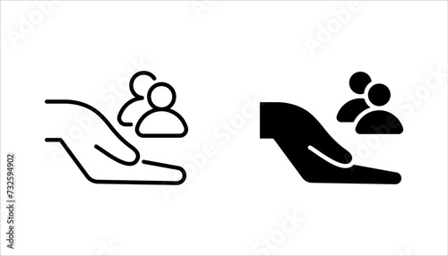 An inclusive workplace. employees on human hand line icon set vector illustration on white background