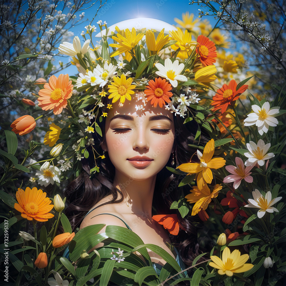 Spring girl surrounded by delicate flowers. Concept - nature wakes up, spring mood, Navruz holiday, spring equinox. Square illustration.
