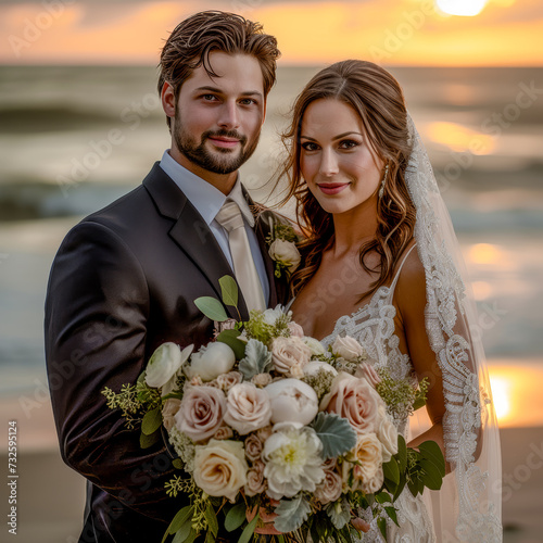 Portrait of a serene image of a bride and groom in a lovley darkgreen forest Wallpaper Digital Art Magazine Background Poster Card photo