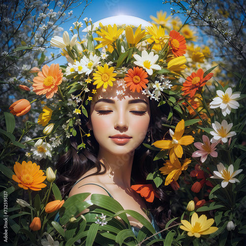 Spring girl surrounded by delicate flowers. Concept - nature wakes up, spring mood, Navruz holiday, spring equinox. Square illustration. photo