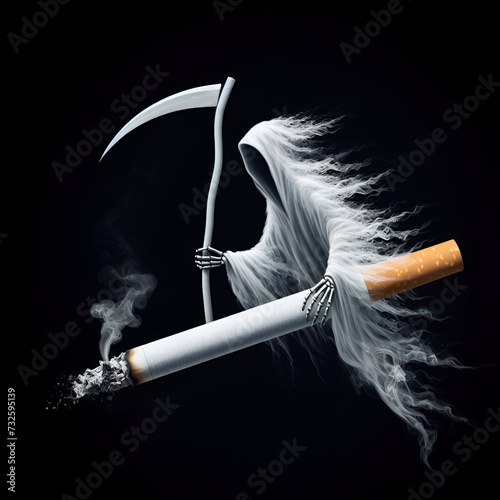 The angel of death that emerges from cigarette smoke causing lung cancer to be fatal photo