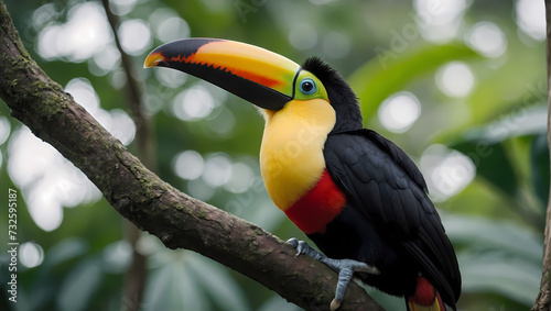 A close-up of a toucan perched on a tree branch with its front claws holding onto the surface  looking at the camera. 
