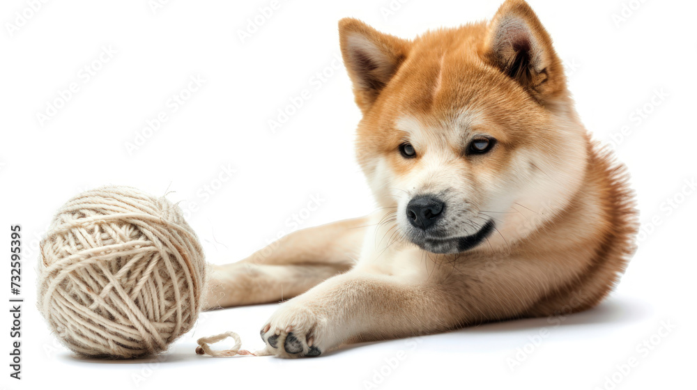 A Cute Akita Dog Playing with Ball of String