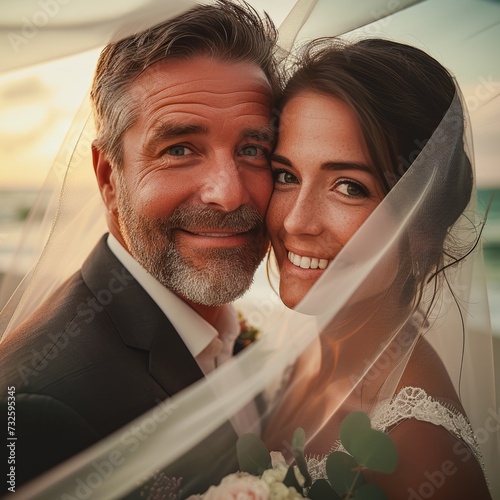 Portrait of a serene image of a bride and groom in a lovley darkgreen forest Wallpaper Digital Art Magazine Background Poster Card photo