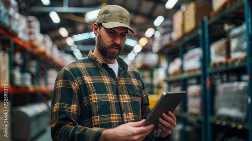 A usa man in a modern factory with a tablet in his hands