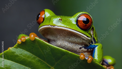 A close-up of a tree frog resting on a leaf with its front limbs extended, observing the camera.
