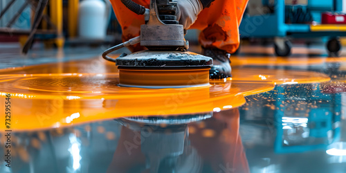 Worker polishing hard floor with high speed polishing machine