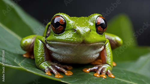 A close-up of a tree frog resting on a leaf with its front limbs extended, observing the camera.