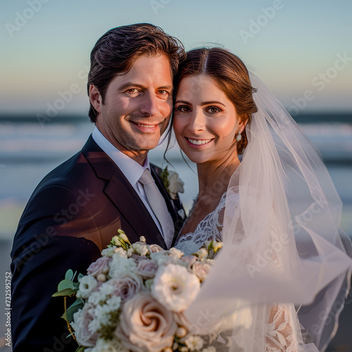 Portrait of a serene image of a bride and groom in a lovley darkgreen forest Wallpaper Digital Art Magazine Background Poster Card photo