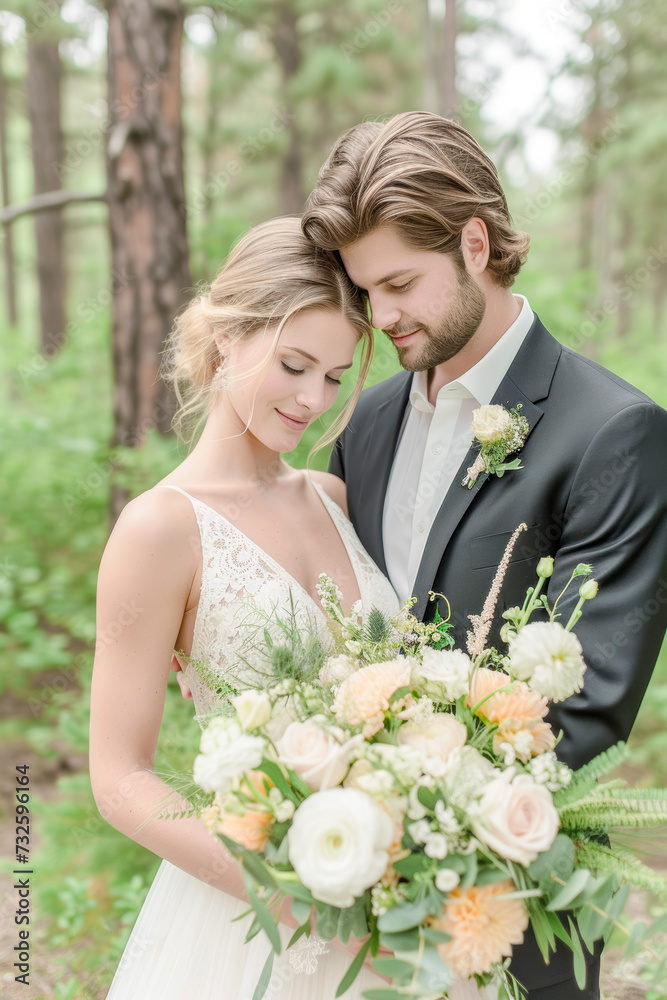 Portrait of a serene image of a bride and groom in a lovley darkgreen forest Wallpaper Digital Art Magazine Background Poster Card Portrait of a serene image of a bride and groom in a lovley darkgreen forest Wallpaper Digital Art Magazine Background Poster Card
