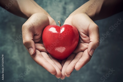 Female hands holding red heart on dark background. Toned image. Ai Generated.