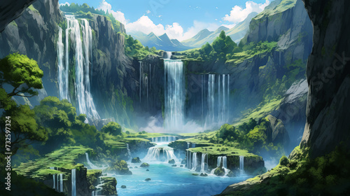 Fantasy landscape with waterfall. Digital painting