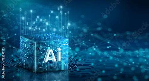 Ai Processor chip of Cube Technology. Big data storage, Cloud computing, Machine learning, Ai blockchain technology. Artificial intelligence learnability Concept. photo