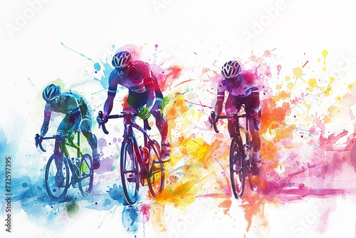 Bicycle racers in motion. Watercolor style illustration