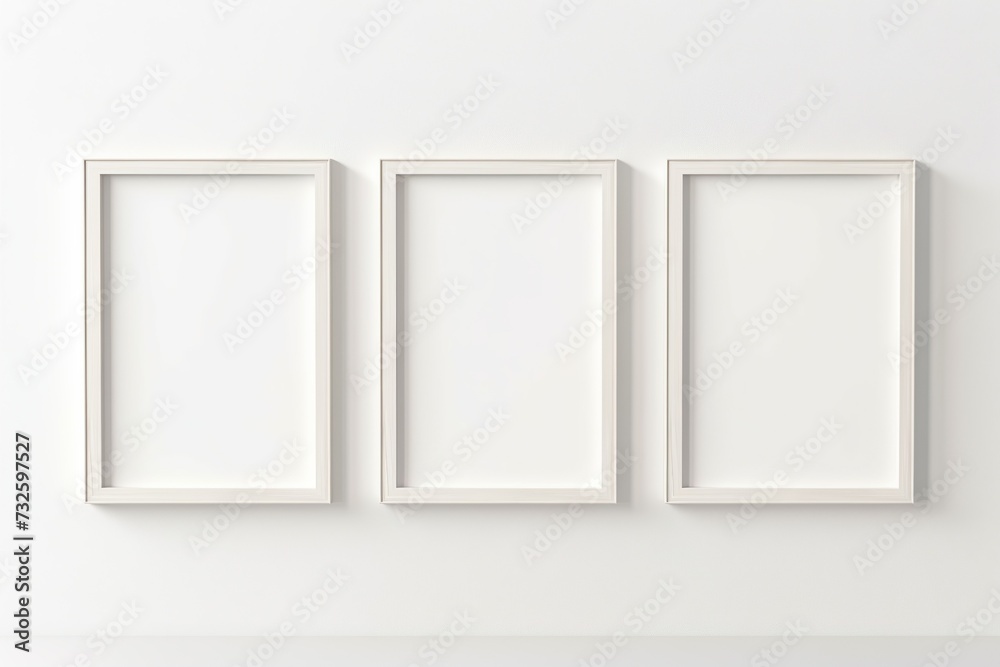 Three empty frames on a plain wall. Three empty frames on a plain wall.