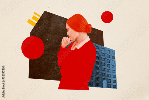 Photo collage illustration sad thoughtful woman think uhappy city ubran apartment building property real estate dilemma problem photo