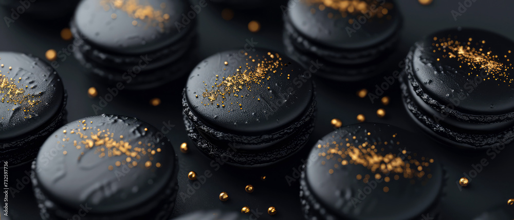 Black macarons with chocolate on black background with golden decoration. Pastry food mockup.Flat lay. Generative ai Black macarons with chocolate on black background with golden decoration. Pastry food mockup.Flat lay. Generative ai