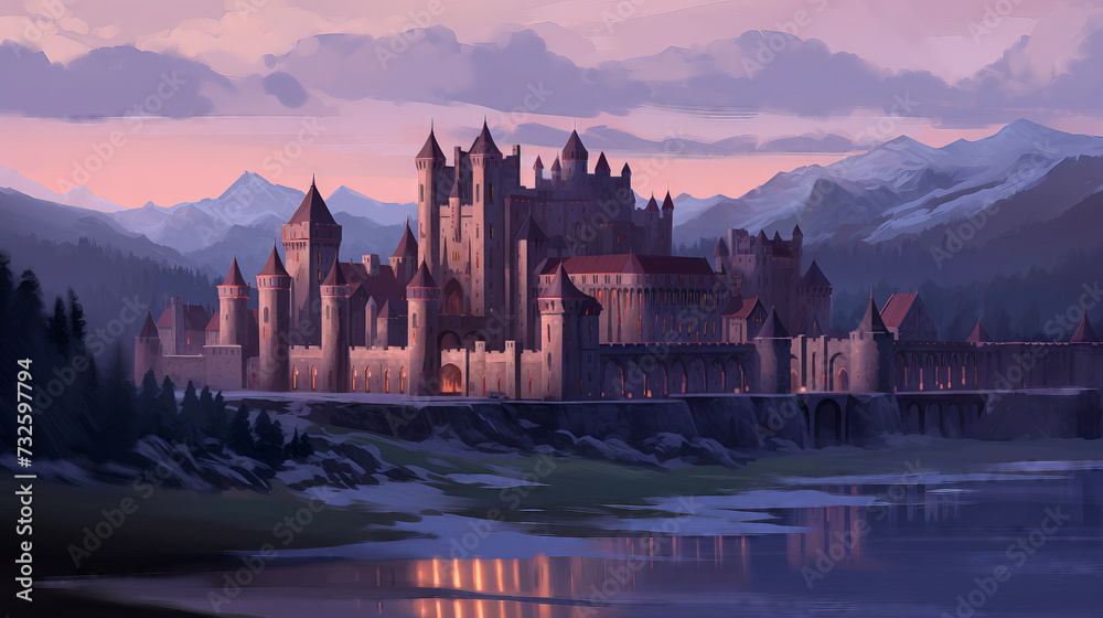 Fantasy landscape with castle and lake at sunset. Digital painting