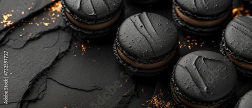 Black macarons with chocolate on black background with golden decoration. Pastry food mockup.Flat lay. Generative ai photo
