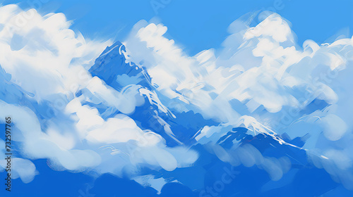 Blue sky with white clouds and mountains.