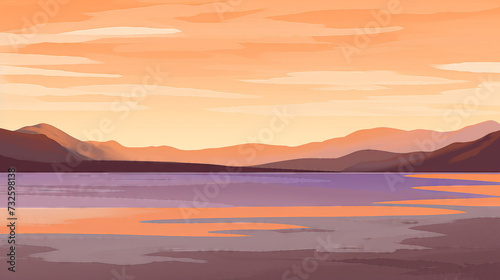 Illustration of a lake at sunset with mountains in the background